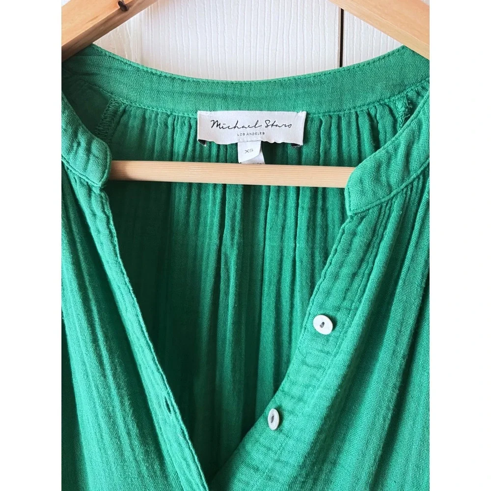 Michael Stars Sophia Kelly Green Cotton Gauze Tiered Relaxed Fit Mini Dress XS